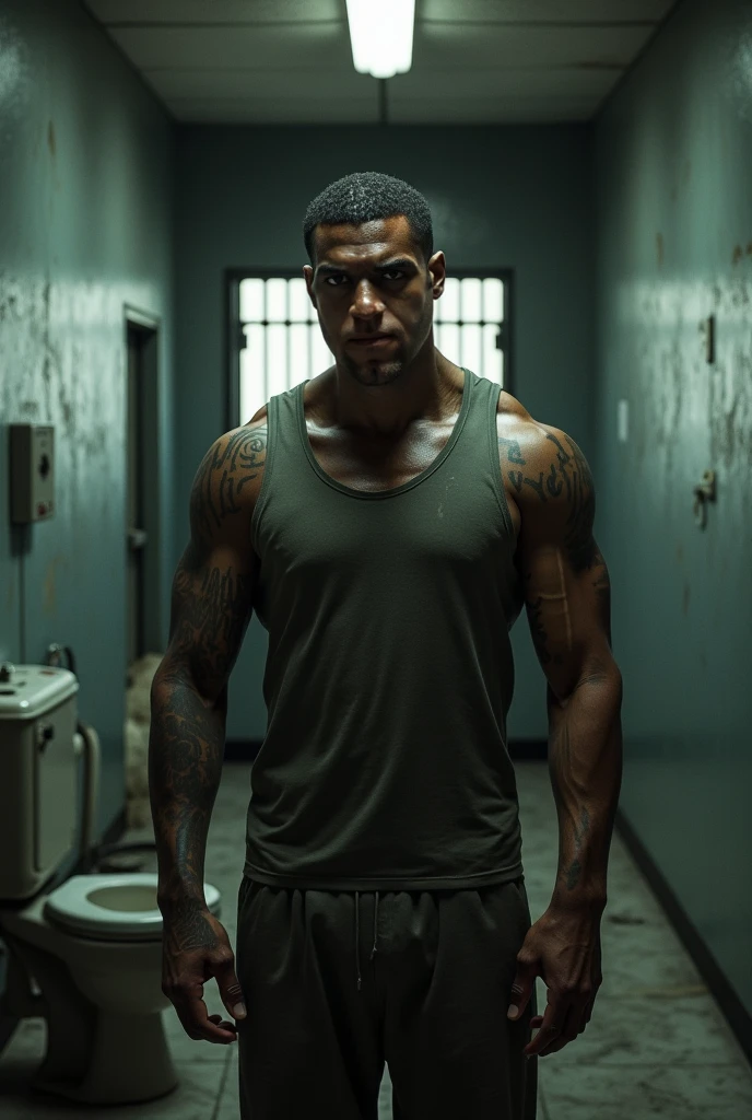 a black man enslaved in colonial brazil, angry and rebellious expression, looking at a large slave quarters, detailed portrait, muscular male figure, worn and tattered clothing, chains and shackles, dramatic lighting, harsh shadows, desaturated color palette, gritty and realistic, masterpiece, 8k, high quality