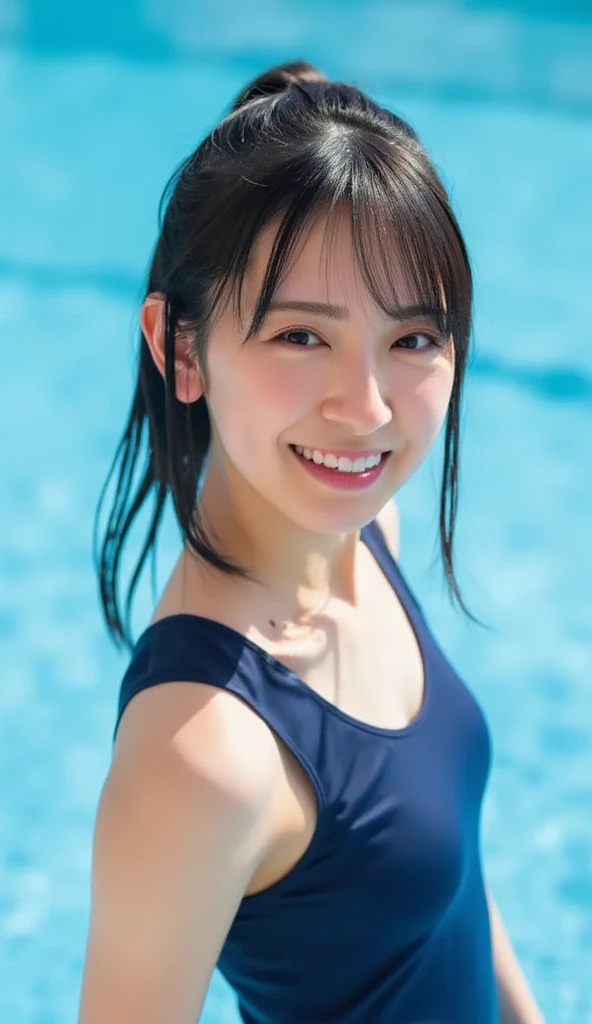 ((highest quality, 8k, masterpiece:1.3, 1 girl, beautiful girl)), High resolution, cute, dynamism, Detailed face, Detailed skin, Fine grain, Detailed lips, Realistic, RAW Photos, Natural light, Perfect Anatomy, Dynamic pose, Round ass, Toned Legs, double eyelid, Tear bags, Round eyes, Moist lips, Mouth details, Detailed tongue, Japanese Girls, Black Hair, bangs, (One piece school swimsuit), Racecourse, indoor, Detailed clothing, Sweaty, Wet clothes, Wet Hair, smile, Long Hair、ponytail