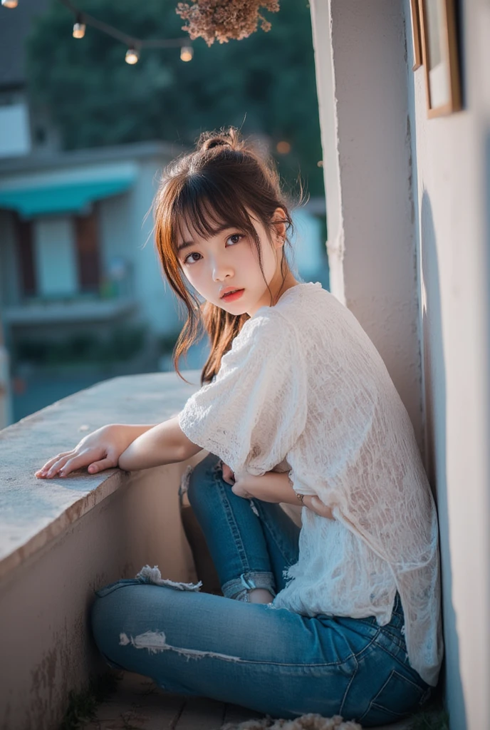 masterpiece、8K、32K、highest quality、(Detailed both eyes)、(cute japanese woman、bangs:1.3)、23 years old、1 girl、elegant、black hair、(retro、film camera:1.4)、(huge  :1.2)、Sit by the wall、(white collar shirt:1.3)、office
