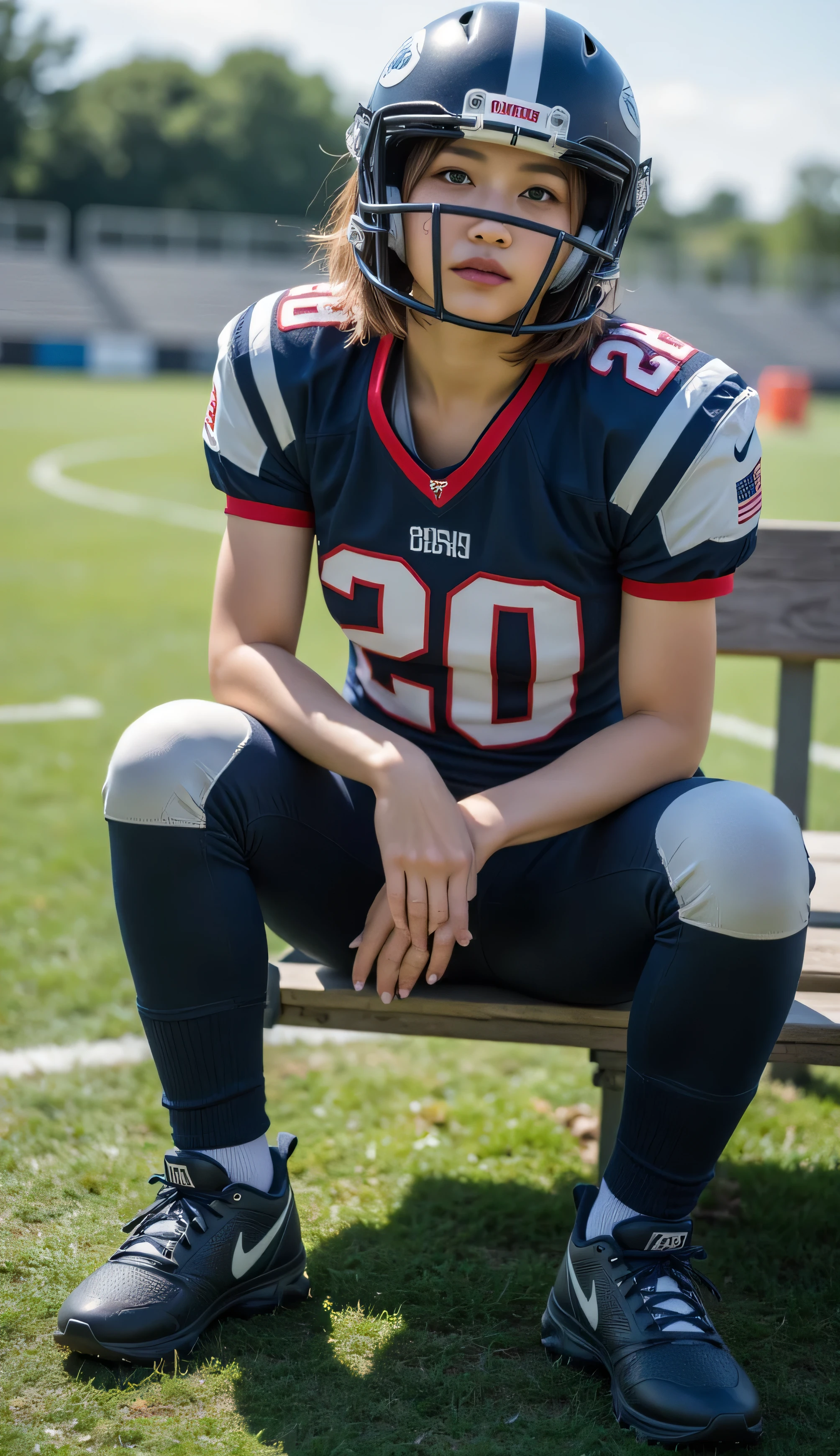 ultra-realistic, photorealistic,  dramatic scene , shadow, global coverage, One,  Japanese Schoolgirl ),  fragile girl , a very beautiful Japanese athlete,  very pretty with a very cute face , sporty atmosphere, detailed facial texture with some birthmarks, short haired bob, American football player, she is a member of the famous American football team, beautiful mysterious turquoise eyes, (in an American football national team uniform with shoulder pads and helmet), (fully equipped with large shoulder pads and a helmet), American soccer boots, She sits on a bench at the edge of an American football field, nervous, open mouth,  pot, sunny day, face-protected helmet, full height,  shoot from the side , dynamic corner, 