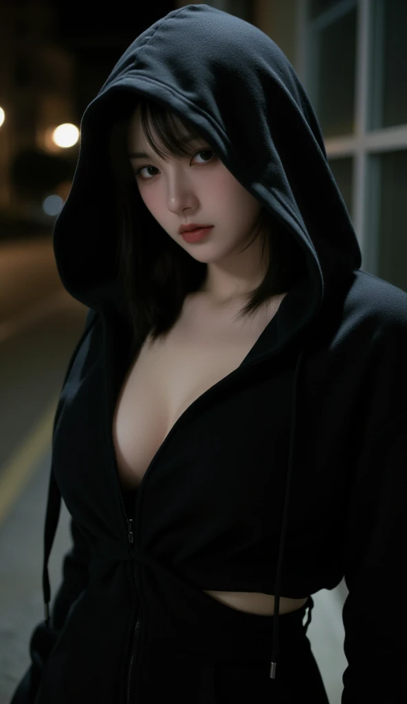 (top-quality,masterpiece),Shadow , hoods,Dressed in a black robe,Open the front of the robe,mont, Japan model to confront the moon,Very beautiful face,Bewitching look,Colossal tits, (Detailed_Background:1.3)