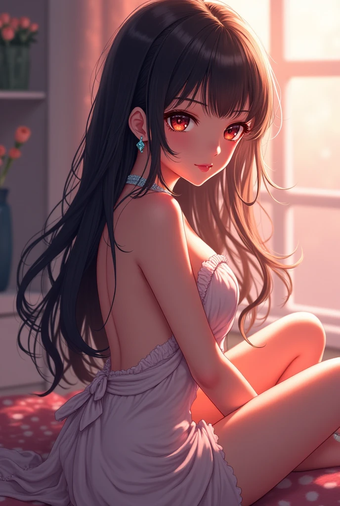 Hard NSFW, dark hair, pink eyes, Naked,busty,Glamour,Gorgeous,monochromes,erotic posing,Dynamic Posing,Arrange Pose,Dramatic,Cinematic,Detailed background, Dynamic Angle,From the angle of the film,Gothic background,Dark fantastic view,Best Quality,masutepiece,8K,The ultimate detailed dark background, Top image quality、RAW photography、超A high resolution,cropped shoulders, overall look is very erotic、Shot for one person only, model shoot, round chest, Beautiful Eyes of Details、Very slender eyes、Beautiful eyelashes、Very slim physique, with blush cheeks, white top and red panties
