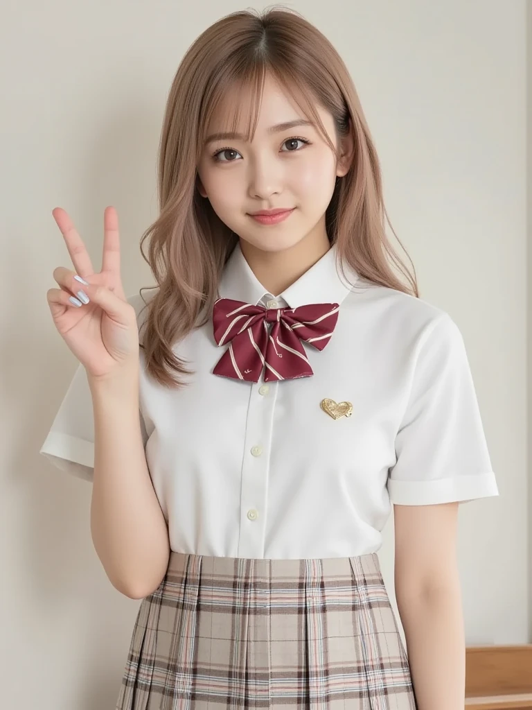 high resolution,smile,happy,light smile,woman,adult, Clear,cute,Blonde, wavy hair, long hair ,BREAK, Pink brown eyes,BREAK, high school girl,uniform,White shirt,Pink checkered pleated skirt,BREAK, Facing forward,BREAK,Pink background,