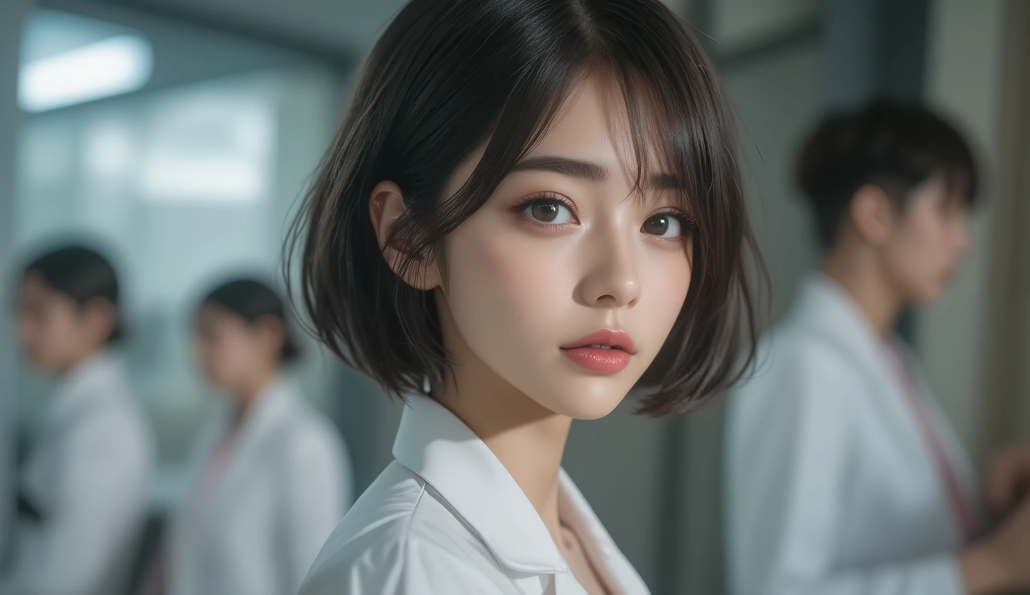 8k,super high resolution , best quality, masterpiece,rule of thirds,golden ratio,surreal,pictures, one woman,( girl:1.3),cute,cute顔, Beautiful Eyes in Every Detail , 細かくdetails,mature woman,princess,upper body, black hair,Unbalanced Bob,ID photo, luxurious and beautiful ,(A Famous Japanese Idol Girl),(((smile))),((White coat:1.3)),((nurse)),Low position,low angle to the crotch,Examination room,Nurse cap,( She's Standing in Front of Me), very delicate expression , delicate eye description,, healthy body, ((1 female)), Height: 160cm ,( thin waist:1.4)、( Beautiful :1.4), pink lips,Profile ,((( ideal figure))),Small bust, A cup :2, portraits:2、 perfect anatomy 、鮮明な details、 details,thin lips,Perfect and beautiful face ,完璧でcute顔, meticulous skin , perfect limb,thin waist, surreal,Light and Dark, Fashion Magazine Cover ,stage lights