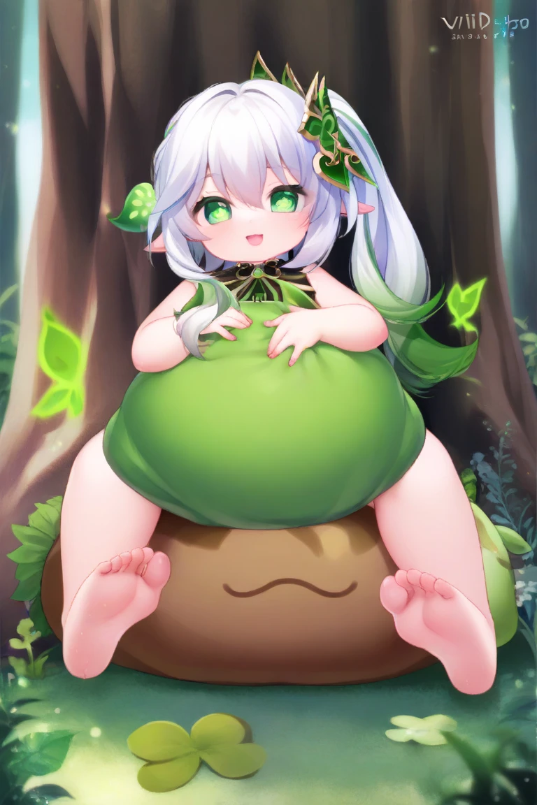 (semi-realistic:0.8), masterpiece, best quality, super detail, simple background, perfect body proportions, 1girl, solo, ((milf, mature)), chubby, nahida_\(genshin_impact\), side up, multicolored hair, long hair, shameful face, beautiful eyes, shy, blush, closed mouth, gigantic breasts, huge breasts, big breasts, big areola, huge ass, big ass, wide hips, latex, choker, elbow gloves, thighhighs, high heels, green micro bikini, thong, squatting, spread legs, hands on own chest, looking at viewer, front, front view, from below, (full body, wide shot)