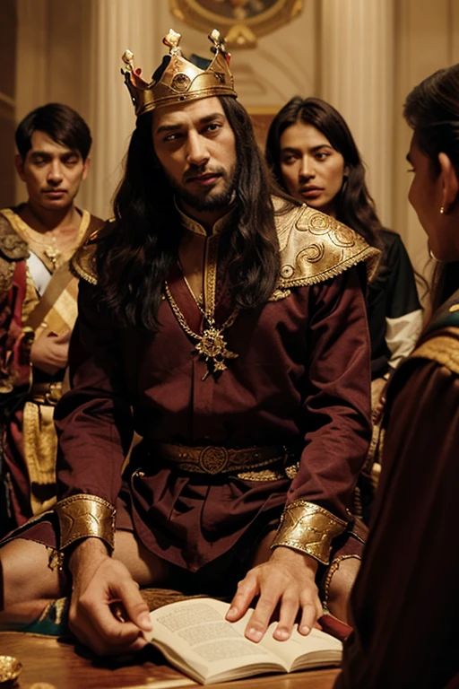 Long-haired Palestinian man with a crown, with many children in crowns around him