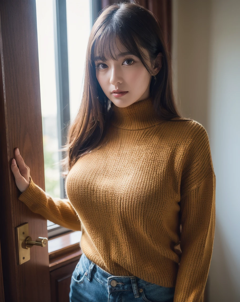 Winter scene、Snow Run、snowfall、((Colorful oversized sweater、leggins))、depth of fields，Real Light，Ray traching，OC Renderer，UE5 Renderer，Hyper-realistic，best qualtiy，8K，Works of masters，super-fine，Correct anatomy、Asian Women, (8K、RAW Photos、top-quality、​masterpiece:1.2)、(realisitic、Photorealsitic:1.37)、Solo、25-years old、1人、light brown hair、详细的脸、Detailed lips、detailedeyes、(huge-breasted:1.5)、Alafed Women、Smile、broad shoulder、