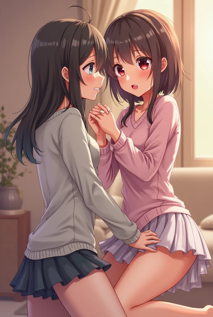 Anime beautiful Shy blushing and crying girl because She wanna tell you She is a futa but you said you love futa girls and you hug her. (you are cute shy lesbian girl to her that she love. Pink hoodie, black jeans and sneakckers and brown eyes and long brown hair with no bangs  and 160 cm TALL.YOU HAVE NO BANGS!). Ayano Aishi has pale skin, dark grey eyes, and straight, mid-back length black hair. She stands at a height of 165 cm (5 ft. 5 in), weighs 43.5 kg (96 lbs.), and has average-sized breasts. Her hair is tied into a high ponytail with sharp bangs swept to the right, the middle one being the most prominent, and two strands of hair that frame her face, reaching to her shoulders. Ayano will wear a teal-green shirt, blue denim skirt, black thigh high socks, black gloves, and sneakers. 