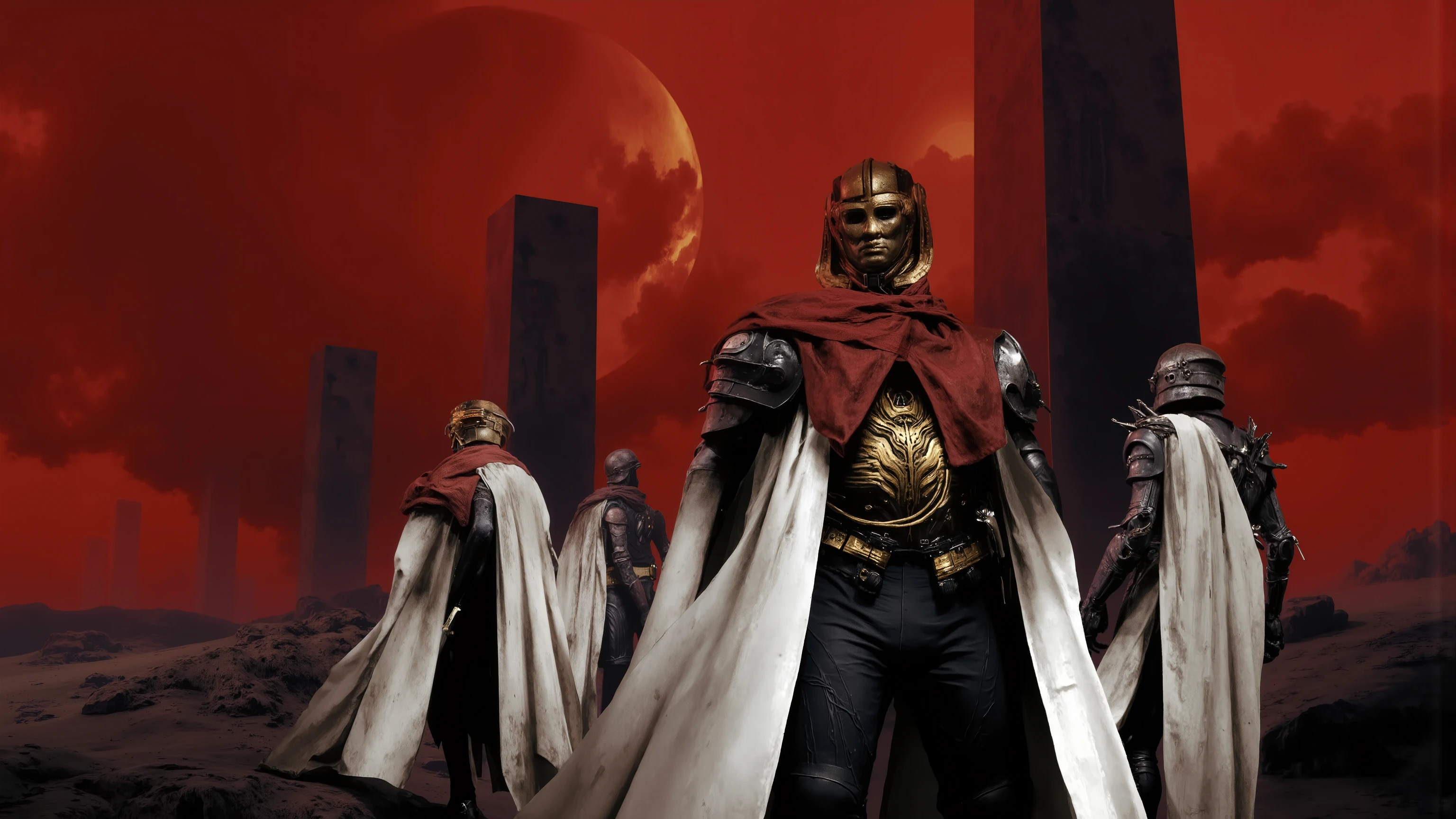 A group of soldiers dressed in black leather stand neatly at the top of a mountain,Dressed in long white capes,Wearing a golden helmet,Elevation angle composition,People in the middle,full body photo,The inside of the cape is red,has a gold circuit texture on the chest,There are black pipes and wires on the body, is facing the camera, front full body,Leather clothing is biotechnology,has silver-white mechanical shoulder armor on the shoulder,with delicate circuit patterns on the shoulder blades,There are golden silk lines on the body,Science Fiction,metal texture,The background is a blood-red sky and a huge black square column,大Wide-angle composition。A sense of emptiness in the scene,Sacred,Pillars soar into the clouds,There is a golden ring shining in the sky,creates a sense of depth and perspective, Dark Tones,Film composition ,Wide-angle composition,Movie lighting ,Art by Piotr Jabłoński,drk4rt,Billie Eilish