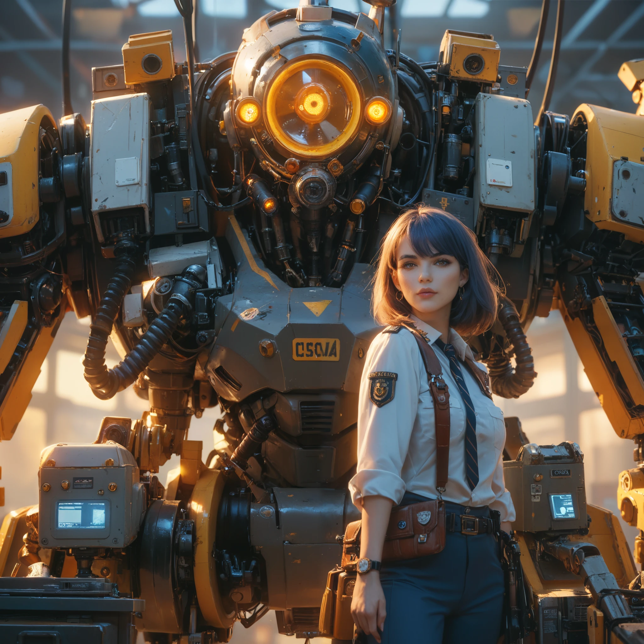 A girl wearing officer uniform standing in front of a yellow mécha robot in the evening. The robot is showing complex machinery