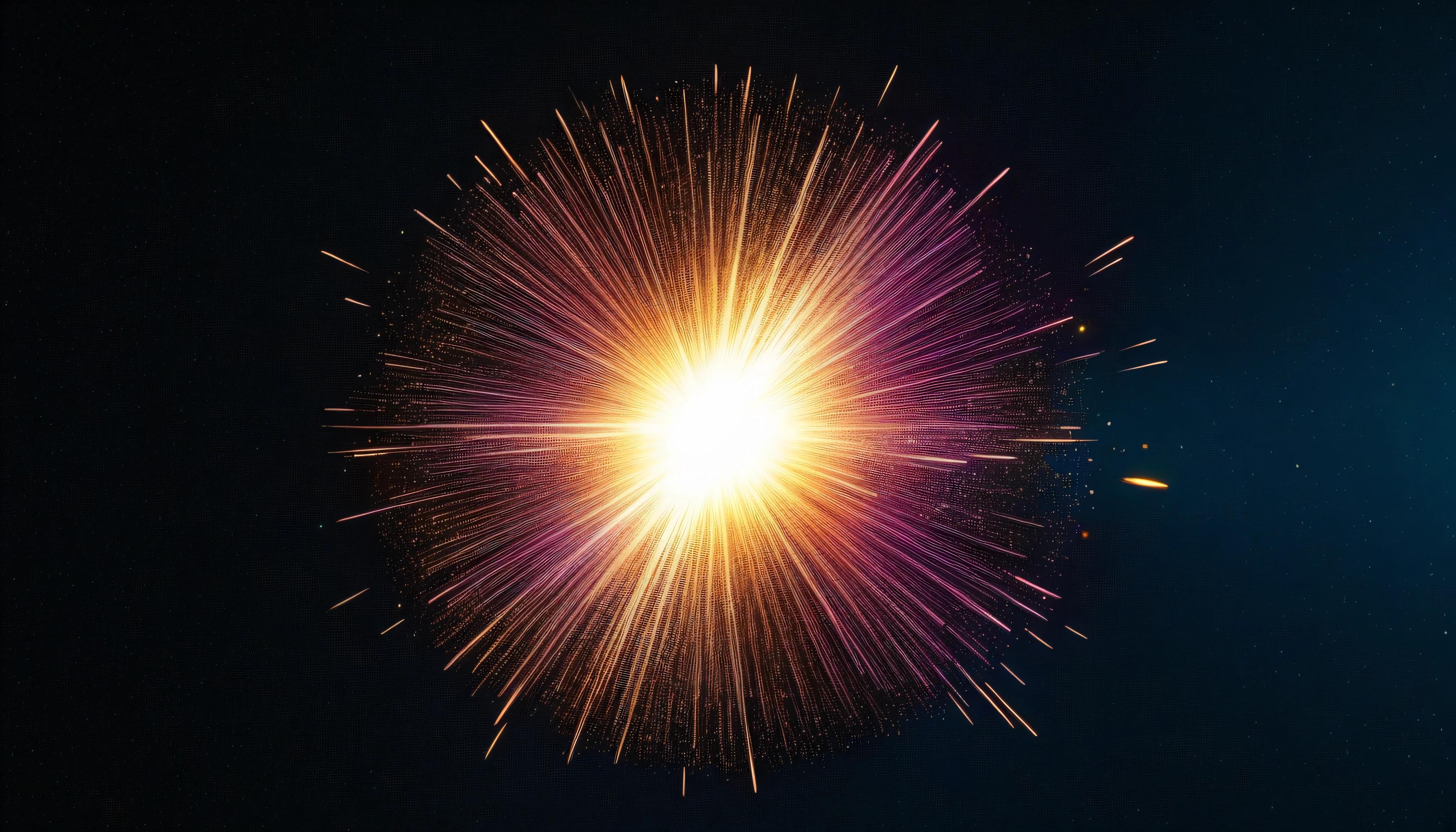 The light trajectory of the explosion, Very detailed, 8K quality, between the two neutrons and the thousands of pieces of debris of different colors scattered after the explosion, The light track of the fixed image .
