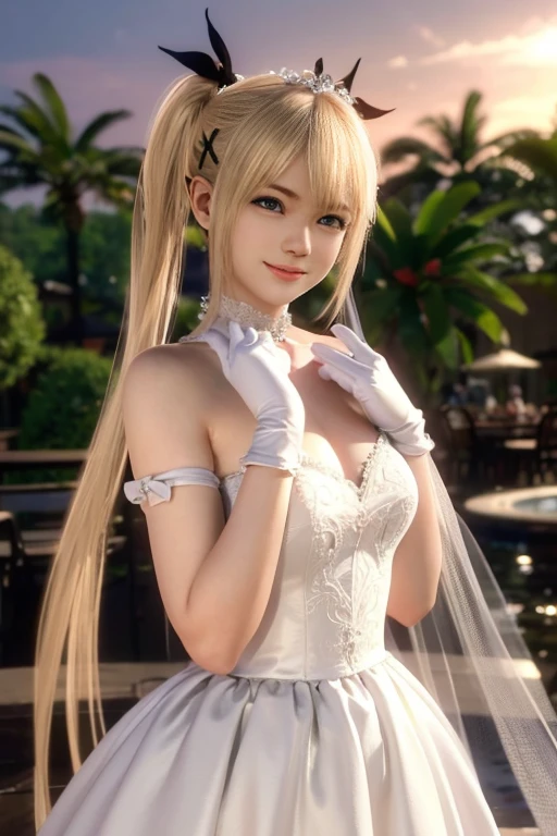masterpiece,highest quality, One Girl, gloves, Elbow Groove, choker, White dress,, chest, clavicle, ponytail, White gloves, Chest cleavage, Strapless Dress, bow, Exposing shoulders, short hair, Blue choker, Hair bow, Blue Ribbon, big breast, adult 18 years old, full body. detailed body. detailed face, facing viewer.