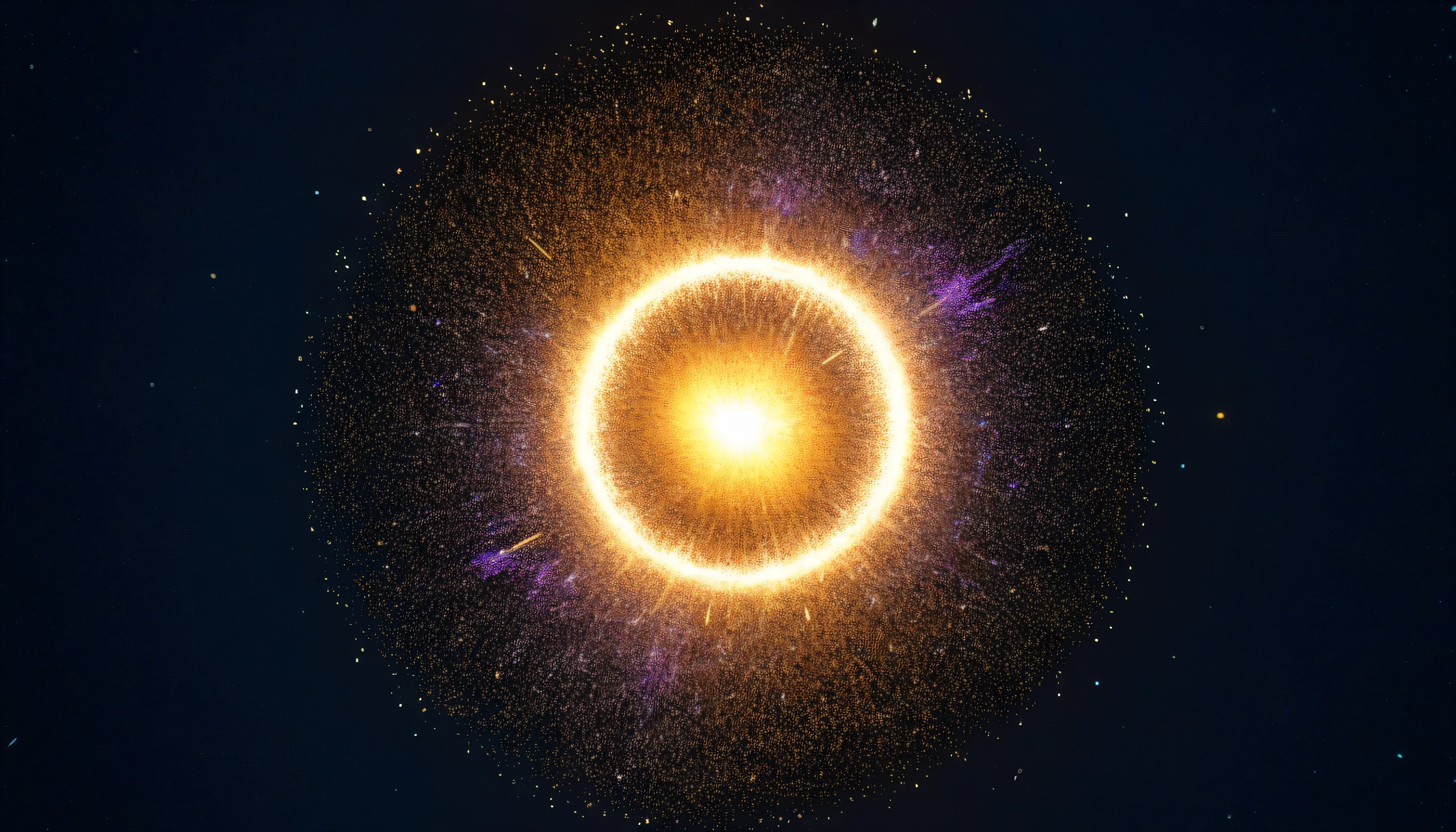 The light trajectory of the explosion, Very detailed, 8K quality, between the two neutrons and the thousands of pieces of debris of different colors scattered after the explosion, The light track of the fixed image .