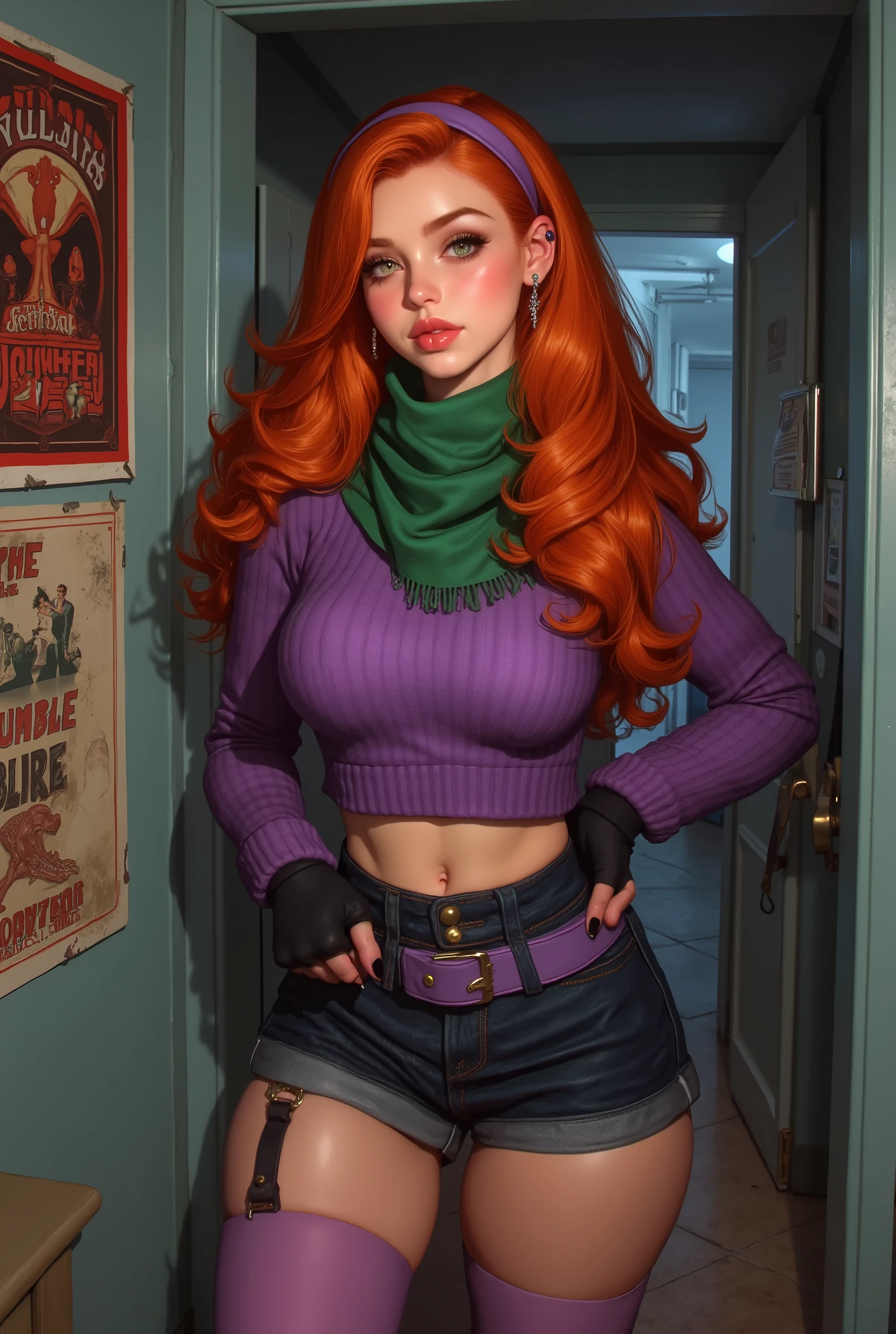 daphneblake,(RAW photo),(intricate details),perfect eyes,perfect face,perfect lighting,beautiful,1girl,cartoon style,solo,redhead,purple eyes,look at viewer,purple sweater,purple skirt,pink stockings,purple headband,green handkerchief, , colorful, hyper detail, dramatic light, intricate details,, high resolution, best quality, 4k, detailed background, dynamic angle, dynamic pose, full body shot, NSFW, erotic, perfect body, sexy, 20-years-old
