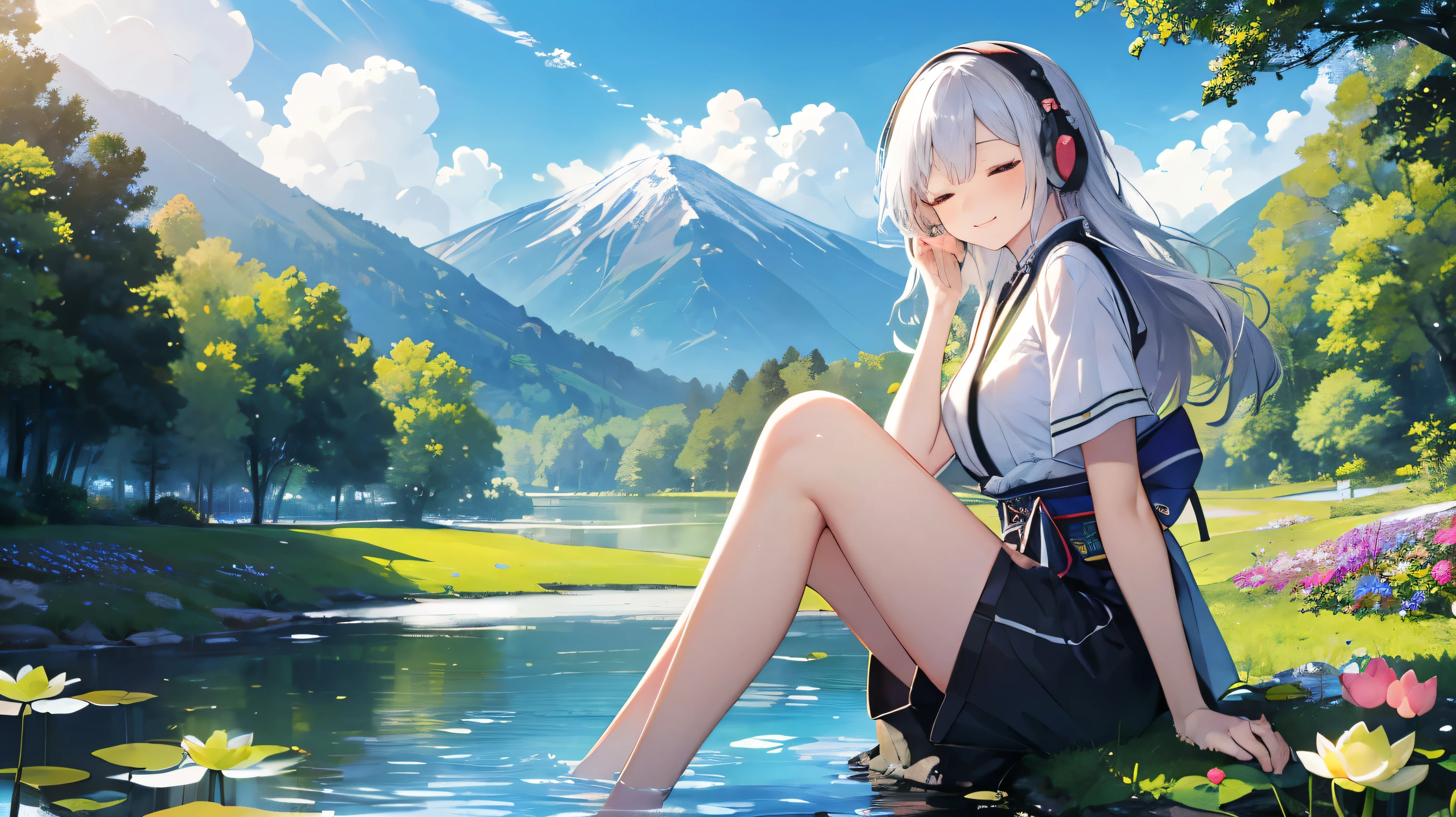 (( Masterpiece 、 top quality、 official art))、Detailed Anime、Unity 8 k wallpaper、((girl summer clothes 、 detailed face, big )) use headphone, beautifull silver long hair, sexy body, Wear short sleeves and shorts,enjoying music with closed eye, Roll up your trouser legs,Sitting by the clear pond and laughing,There are tall lotus leaves in the stream。Surrounded by lush greenery and a vast expanse of gorgeous flowers;They contrast beautifully with the blue sky and the hills in the distance.,It forms a peaceful and beautiful picture;In the foreground is a field of colorful flowers. Closed eyes because enjoying music, beautifull japanese clothes