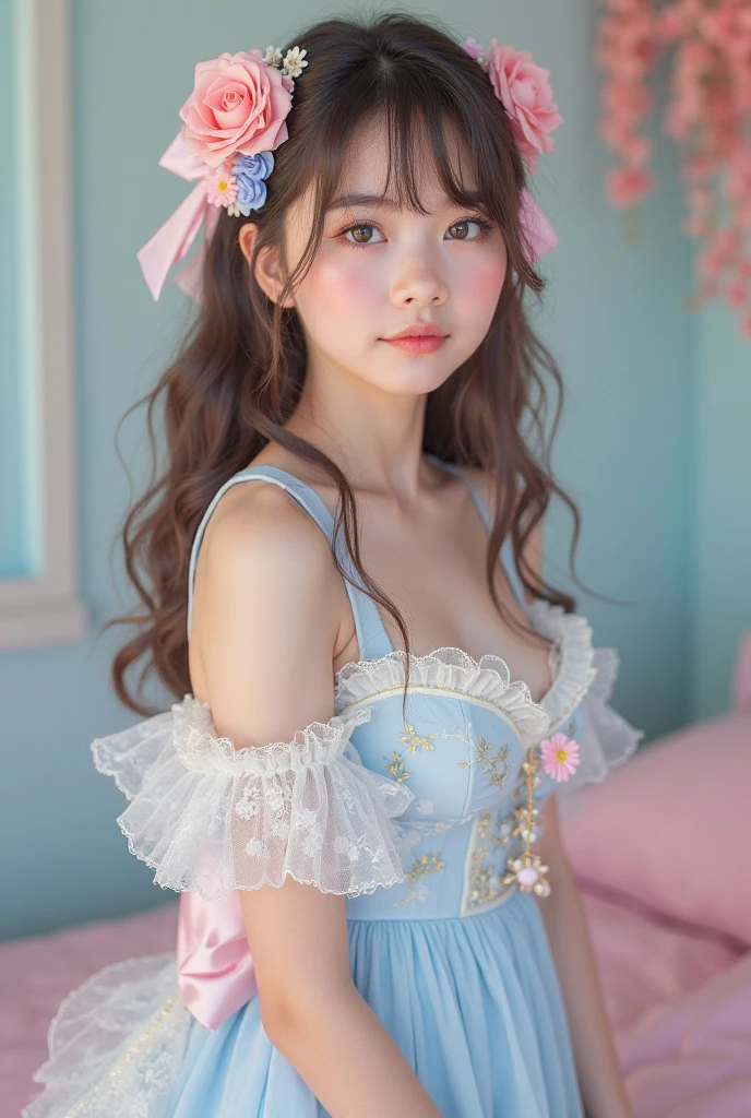 (Highest quality、masterpiece、8k、Best image quality、Hyperrealism、Award-winning works)、1 cute beautiful girl、(alone:1.1)、(1 photo:1.1)、(cute, Girlish, A sheer lolita dress in light pink and light blue:1.2)、(Cute Girlish big ribbon:1.1)、(Cute and luxurious hair accessories:1.1)、(The perfect Lolita dress with attention to detail:1.2)、(A cute dress with frills and ribbons:1.1)、(cute lolita dress with lace decorations:1.1)、(Cute Girlish lolita wavy hair:1.1)、(Low length:1.1)、(height: 140cm:1.1)、(Very large breasts:1.5)、(Glamorous Body:1.5)、(Big cleavage:1.5)、(Pink Roses:1.1)、(cuteハートのシンボル:1.1)、cuteフリルがいっぱい、(大きなcuteリボン:1.1)、Accentuate your body lines、Slender body、Standing Elegantly、(Pastel color Girlish and luxurious lolita room background:1.1)、(A fairytale room with attention to detail:1.1)、(cute水色の装飾壁:1.2)、(cute room with a Girlish atmosphere in pastel colors:1.1)、(cute room with very bright and shiny pastel colors:1.4)、(A very bright and shiny room:1.2)、(Lots of pastel colors:1.2)、(very bright and vivid:1.4)、(cuteパステルカラーの壁飾り:1.2)、Blurred Background、Standing Elegantly少女、Accurate anatomy、Perfect Makeup、Long eyelashes、Glossy Lips、Ultra HD glossy skin、(Ultra-high resolution, bright and beautiful skin:1.2)、(Super bright and radiant skin:1.2)、超高精細のGlossy Lips、Ultra-high resolution beautiful teeth、Light brown and blonde hair、Light brown eyes