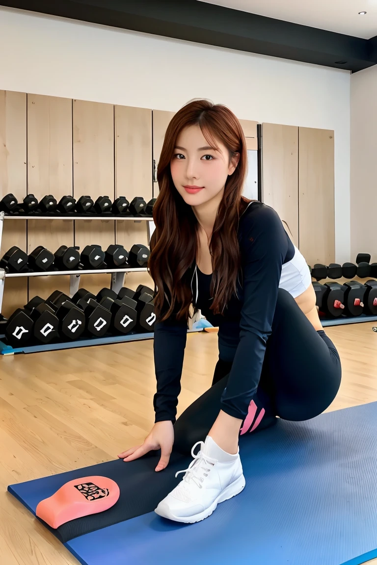 realistic, tall (170cm), fit korean girl in gym, one full body photo, posing
