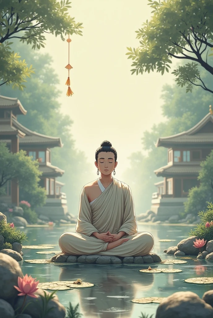 Chinese monk student sitting on a stone happily and calmly, surrounded by temples, beautiful trees, in anime style, beautiful scenario,