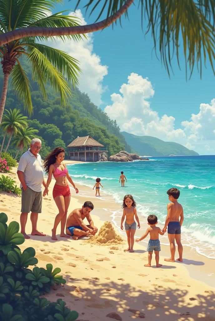 Creat a realistic image a boy stay on a beautiful natureal beach with her sister and mother and farther