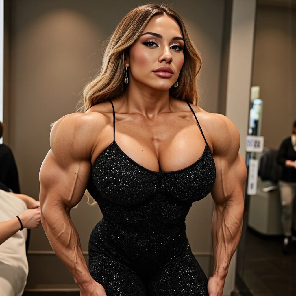 61 year old Sofia loren, grey hair, A heavily muscled iffb pro female bodybuilder, (Realistic, high resolution:1.3), (Upper body), 1 girl with perfect figure, Super fine face and eyes, Denim corset top, Skinny jeans, cafe shop, Sitting, (Big breasts), cleavage