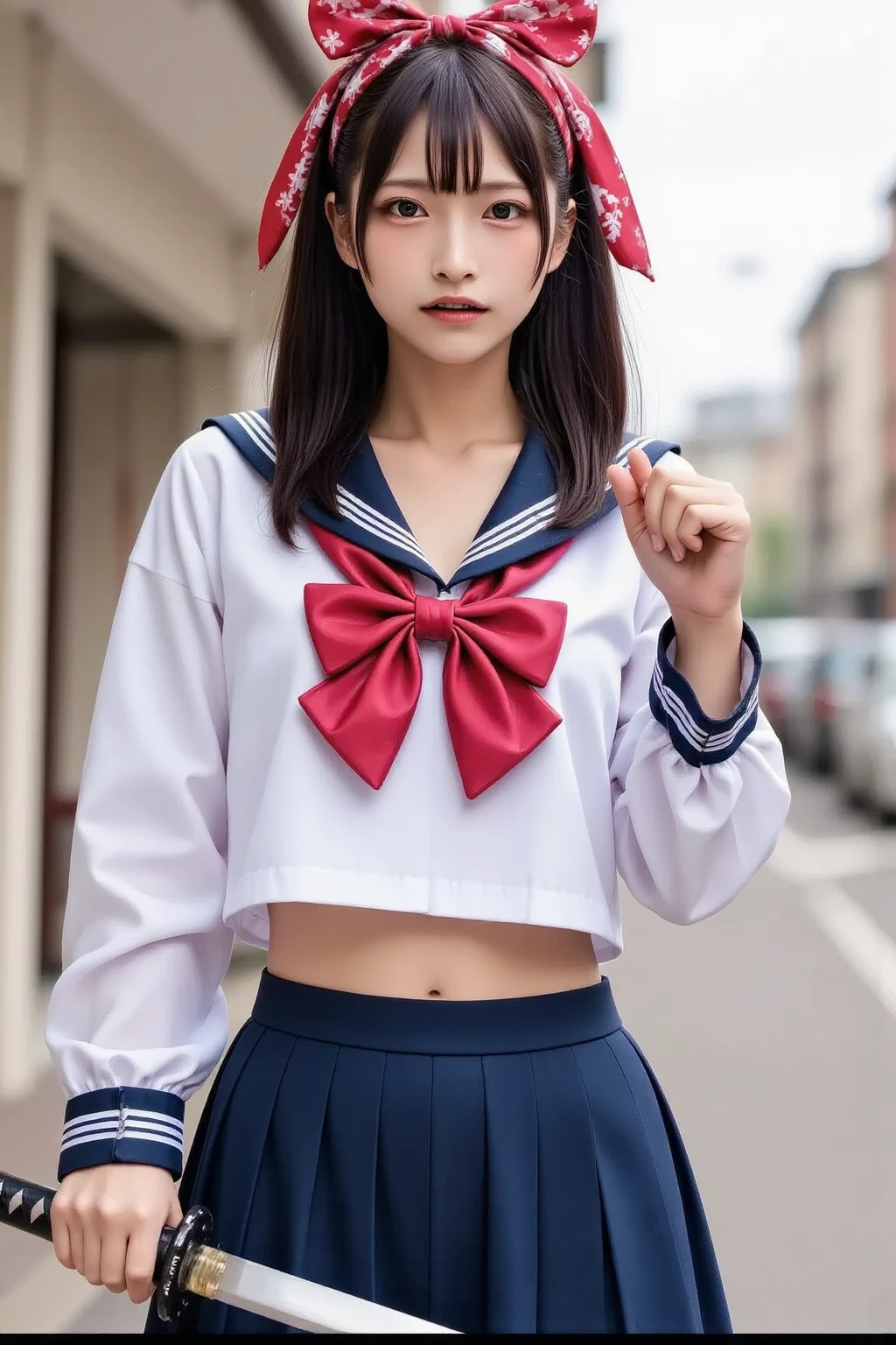 (masterpiece, highest quality:1.2), 8k, official art, RAW photo, incredibly absurd, ( sailor suit, serafuku:1.4), amazing beautiful girl, amazingly cute face, (navy pleated skirt:1.1), close, school uniform, short sleeve, gardenia, violaces, teen, street, looking at the viewer with a smile, no makeup, film grain, chromatic aberration, sharp focus, face light, dynamic lighting, cinematic lighting, detailed eyes and face,short hair、 background bokeh、super slim thighs、((Erotic Panties are showing through、beautiful pussy line:1.1))、(High twin tails with ribbons:1.4),,(((A child with an extremely cute young face:1.35))), 、(very young  with big breasts:1.2)