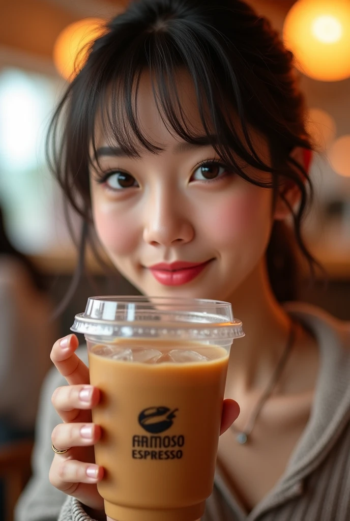 Produce the highest quality and highest resolution 8K images。Please draw the upper body of a 20 year old Japanese woman.。Please draw an image of someone drinking tea in a stylish coffee shop.。She has brown eyes and a model-like figure、She has an idol-level cute face.。Her hair is in a bun.。The skin is、A healthy skin tone。she、I'm smiling at the camera。