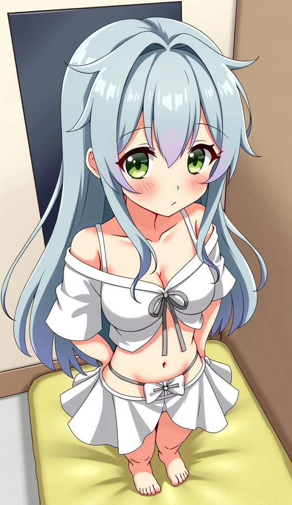 Long silver hair, green eyes, headband, necklace, flat chest, Good, swinwear, beautiful thighs, smile, happy, inside house