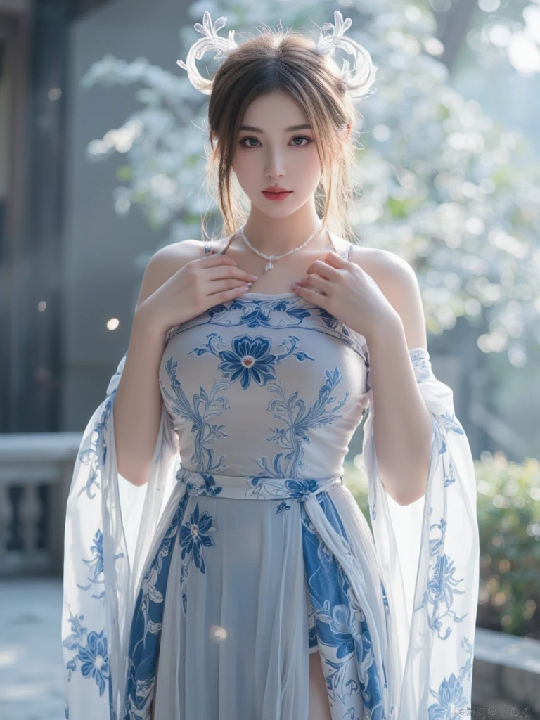 Best quality, Ultra-high detail,Overlooking,Full body portrait,12 year old girl,Delicate face,Curly hair,Hairpin,Hairpin,Pretty Face,Skin reflexes,cheongsam,Slim figure,Shy,Smaller bust,Off-the-shoulder design,Optimal body curves,High split ends