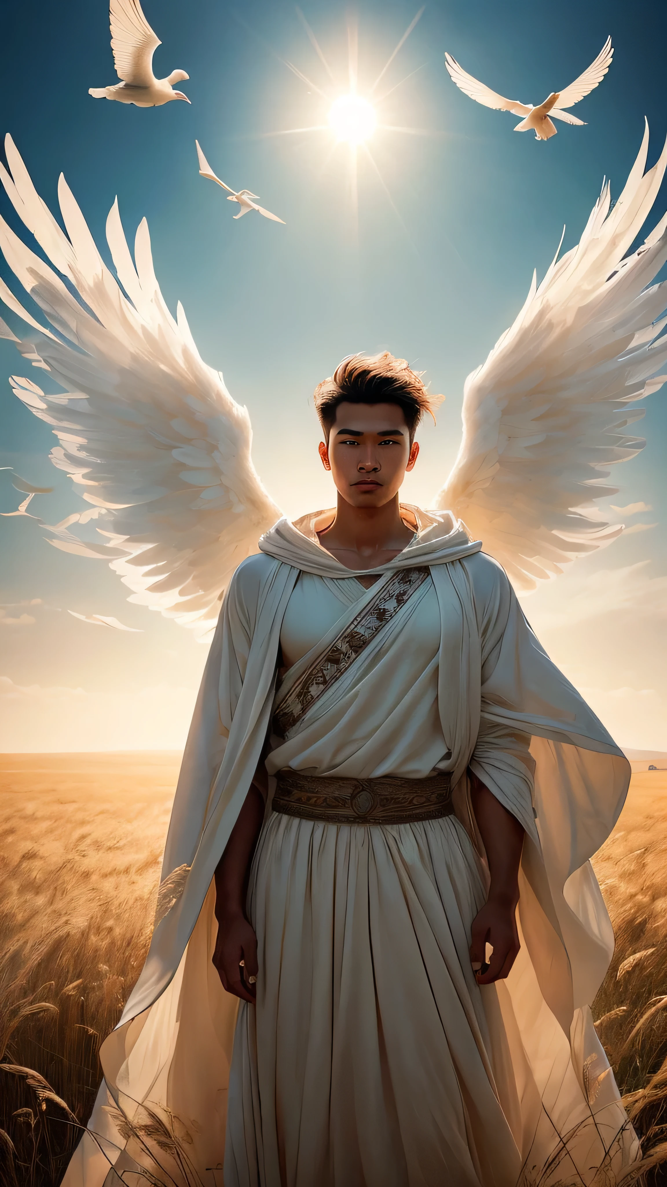aasimar, asian appearance, 1man, shepherd, standing, sunlit meadow, surrounded by a flock of fluffy sheep, radiant golden eyes, faint celestial halo shimmers above head, simple elegant robe, celestial embroidery, hold a wooden shepherd’s staff, vines and glowing runes, large feathered wings, tips lightly brushing the tall grass, tranquil and dreamlike scene, warm golden hues, drifting clouds, birds soaring in the vast blue sky, ethereal motes of light, heavenly magic, peaceful countryside setting, solo, cowboy shot, front view