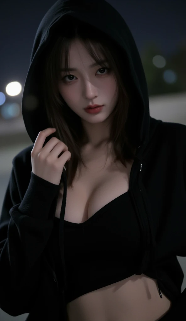 Ultra high resolution,Masterpiece,best quality, Perfect shiny skin, perfect light, lighting details, Stunning shadow, Ray tracing, 1 girl, black sweater, look at viewer, off shoulder, big breasts, The rift revealed, blue eyes, Sharp face, sharp eyes, long bangs, short hair, Village health worker, ((dark background)),  Oversized hoodie, wearing a black hoodie, Wearing an ugly black hood, wet (Sweating, soaking wet),