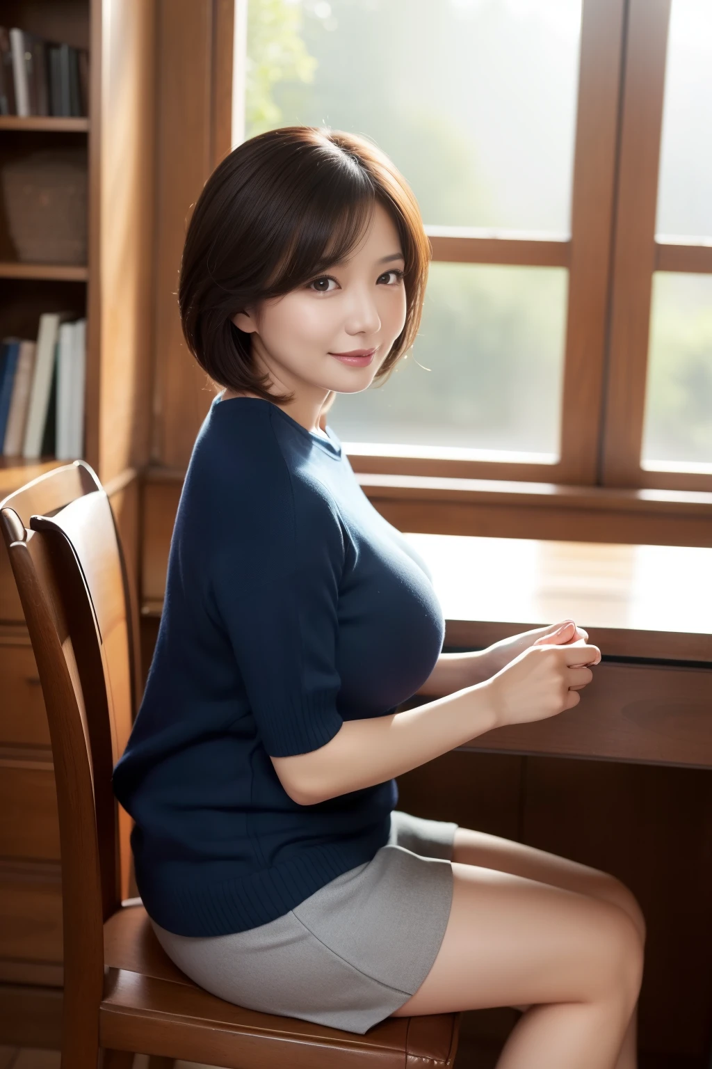 8k, highest quality, masterpiece, Realistic, Realistic, Very detailed, Natural light, Shapely large breasts, Her cleavage is visible, 1 Japanese female, 45 years old, Black Hair, short hair, Straight hair, (Look up at the viewer from below), Pale orange light knit V-neck shirt, Very detailedな顔と肌, Very detailedな目, Very detailedな顔と肌,Bright smile,A big smile