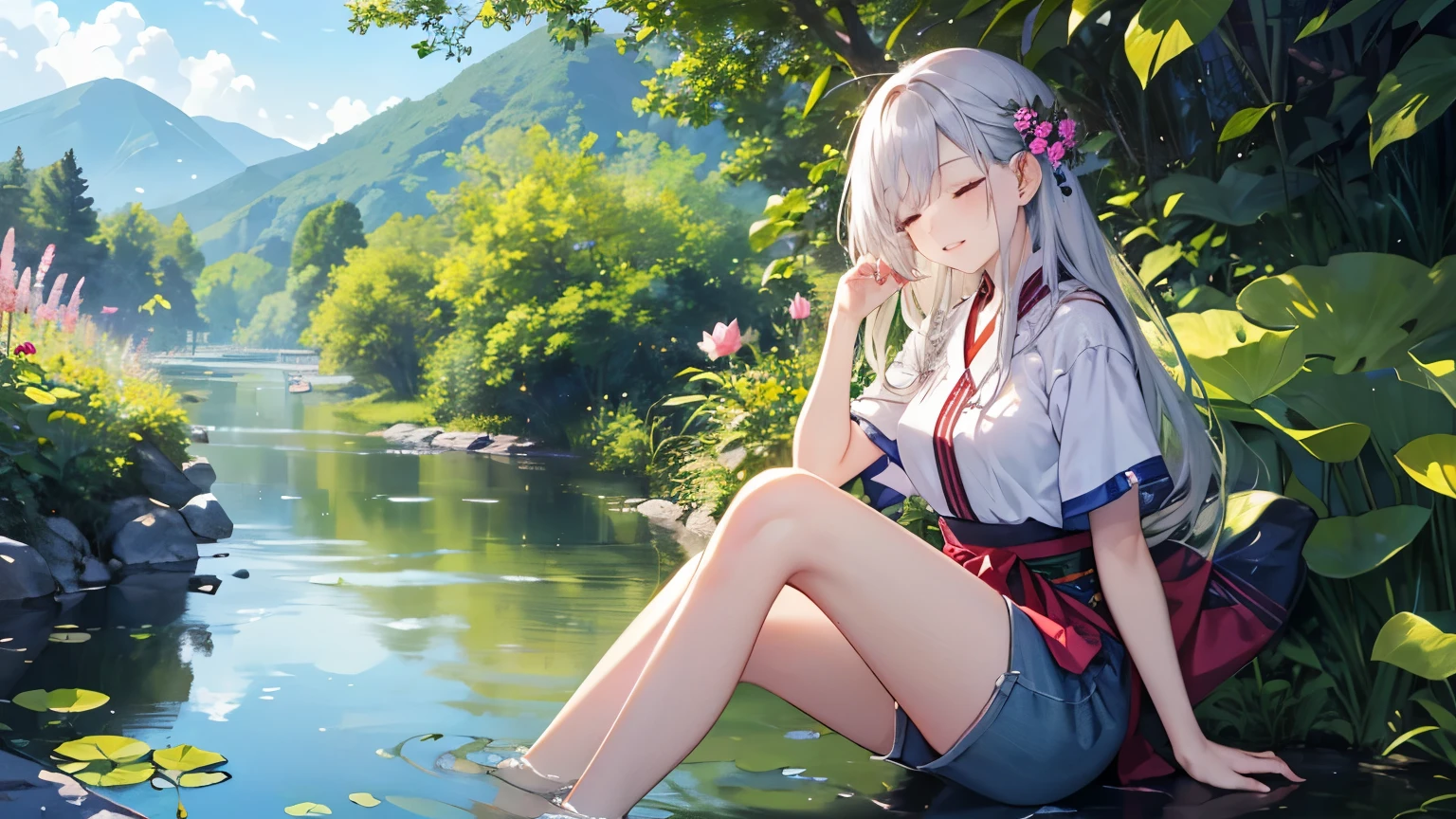 (( Masterpiece 、 top quality、 official art))、Detailed Anime、Unity 8 k wallpaper、((girl summer clothes 、 detailed face, big , detailed background)) use headphone, beautifull silver long hair, sexy body, Wear short sleeves and shorts,enjoying music with closed eye, Roll up your trouser legs,Sitting by the clear pond and laughing,There are tall lotus leaves in the stream。Surrounded by lush greenery and a vast expanse of gorgeous flowers;They contrast beautifully with the blue sky and the hills in the distance.,It forms a peaceful and beautiful picture;In the foreground is a field of colorful flowers. Closed eyes because enjoying music, beautifull japanese clothes