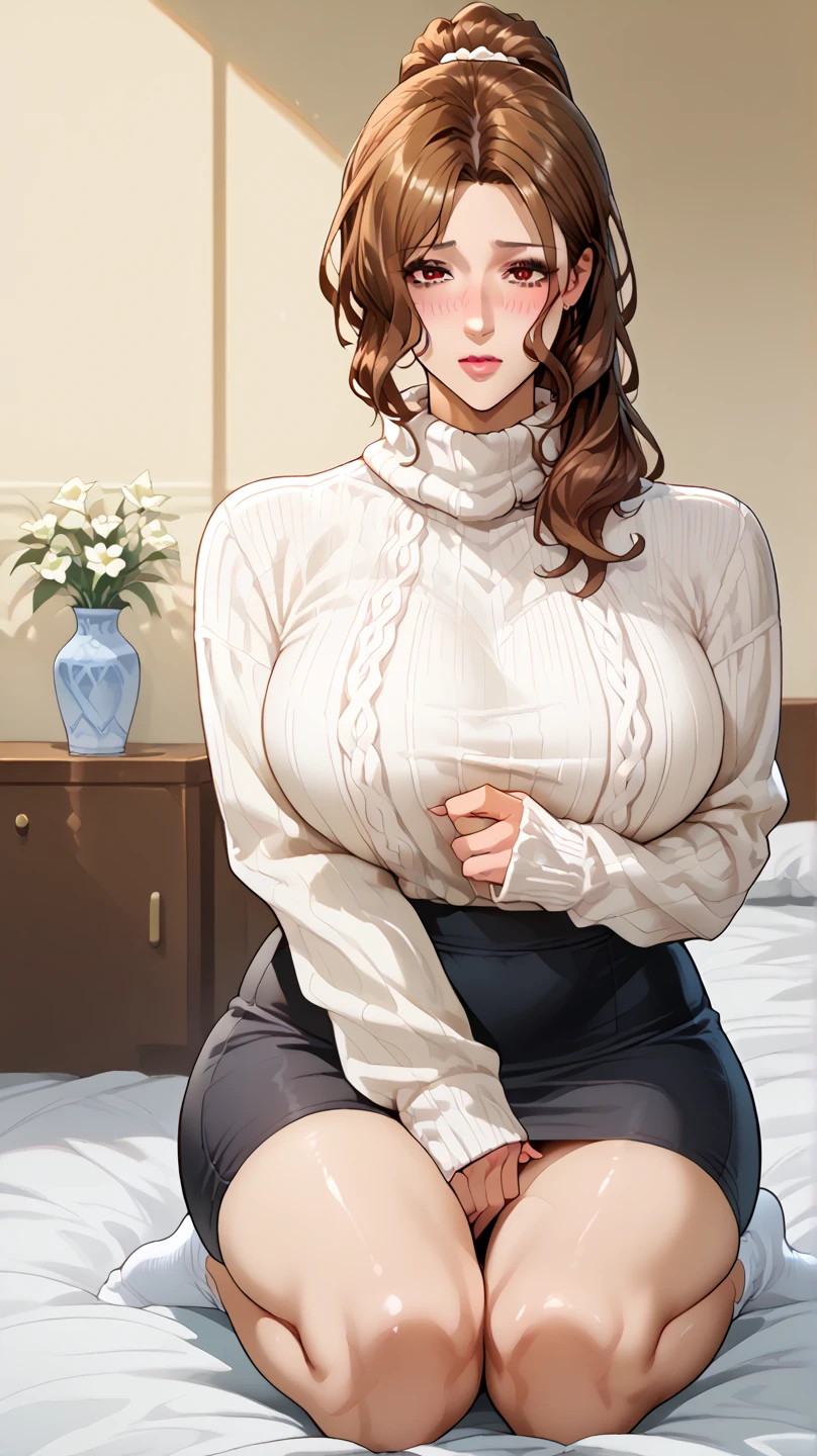 (masterpiece)), ((best quality)), (Super detailed), ((Kawaii)), Cute, (charming), ((Very detailed)), 4K, (8K), best quality, (fair),(((world class quality))), Very detailed, High resolution, (Detailed shading beautiful face), whole body, Become a, alone, ((())), (((Breast sagging))), spring,Grey sweater hip skirt,indoor,Smile,noble,There is a gold bracelet on the right hand,Brown wavy short hair