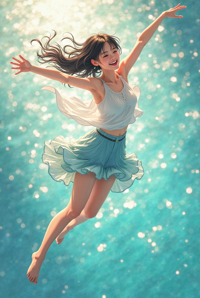 (Best quality, 8k, 32k, Masterpiece:0.7, UHD:1.0,photo realistic:1.0),1girl,japanese,13yo cute Idol,
( highjump:1.0),ocean,upshirt, (from below:1.0), white dress,(black mini skirt:1.0),blue panties, 
 