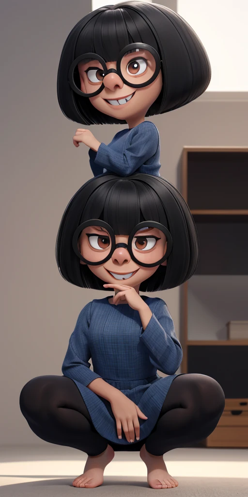 (best quality:1.4),(shiny skin), body focus, (cute face), (((best quality))), illustration, ((Beautiful Finger)), , Beautiful body, Beautiful character design, ,perfect lighting, Colorful, Bright_Front_face_Lighting, ultra high res, highres, absurdres:1.2, bokeh:1.2, lens flare, (vibrant_color:1.2), (Beautiful, medium breasts:1.2), (thick thighs:1.1), THICK,
 Short black hair, large round glasses, big round eyes with light pupils, thin eyebrows, small nose, light skin tone, subtle smile, wearing a blue dress, brown eyes, Edna Moda, barefoot, office, squatting