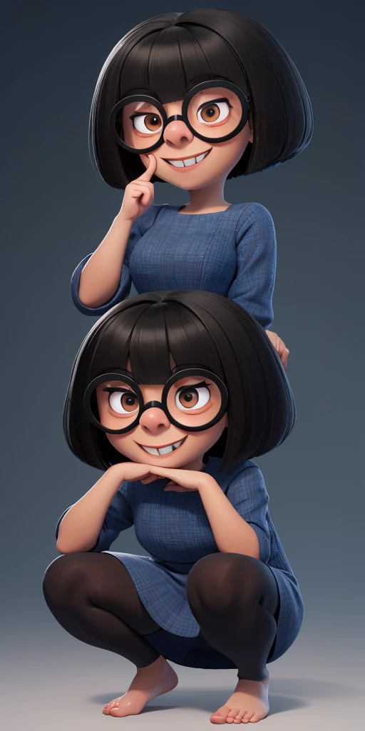 (best quality:1.4),(shiny skin), body focus, (cute face), (((best quality))), illustration, ((Beautiful Finger)), , Beautiful body, Beautiful character design, ,perfect lighting, Colorful, Bright_Front_face_Lighting, ultra high res, highres, absurdres:1.2, bokeh:1.2, lens flare, (vibrant_color:1.2), (Beautiful, medium breasts:1.2), (thick thighs:1.1), THICK,
 Short black hair, large round glasses, big round eyes with light pupils, thin eyebrows, small nose, light skin tone, subtle smile, wearing a blue dress, brown eyes, Edna Moda, barefoot, office, squatting