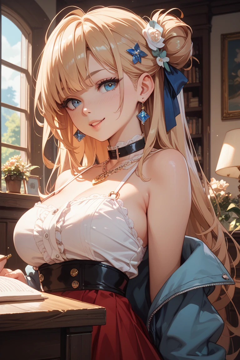 (masterpiece:1.2, Highest quality), (Realistic photos), Beautiful illustrations, (Natural side lighting, Cinema lighting),High detail、1 girl, Japanese、20-year-old female, Perfect Face, Symmetrical cute face, Glowing Skin, (short hair、Blonde), Dark blue eyes, (Huge breasts:1.3), Cleavage、Earrings、necklace、Slender build, Flowing bangs、Beautiful Hair, Beautiful Face, Fine and beautiful eyes, Beautiful body, Beautiful breasts, (Pink off-shoulder outfit、Short skirt),smile、Blushing、sit、library、Bookshelf
