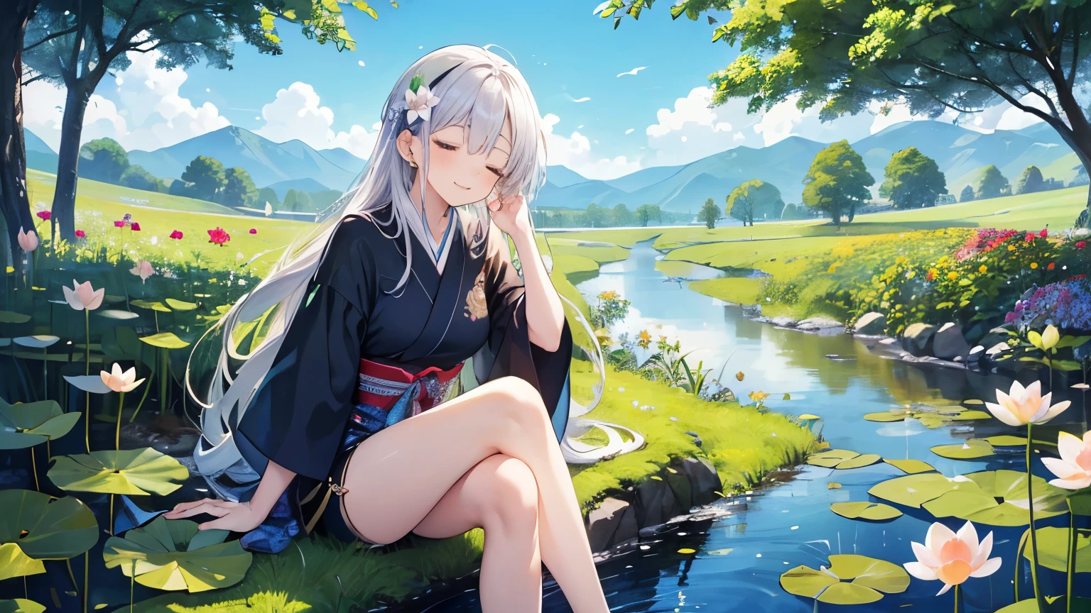 (( Masterpiece 、 top quality、 official art))、Detailed Anime、Unity 8 k wallpaper、((girl summer clothes 、 detailed face,flower in the ear, detailed background)) use headphone, beautifull silver long hair, sexy body, Wear short sleeves and shorts,enjoying music with closed eye, Roll up your trouser legs,Sitting by the clear pond and laughing,There are tall lotus leaves in the stream。Surrounded by lush greenery and a vast expanse of gorgeous flowers;They contrast beautifully with the blue sky and the hills in the distance.,It forms a peaceful and beautiful picture;In the foreground is a field of colorful flowers. Closed eyes because enjoying music, beautifull japanese clothes