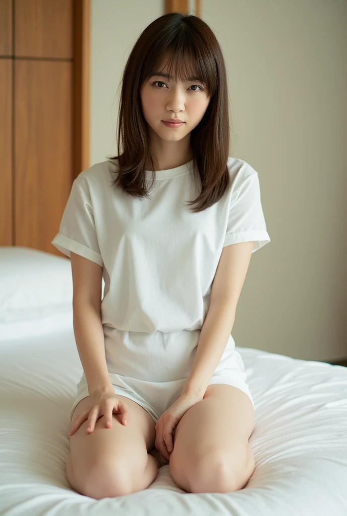 Very cute girl、beautiful girl、Sitting、Spread your legmile、bed