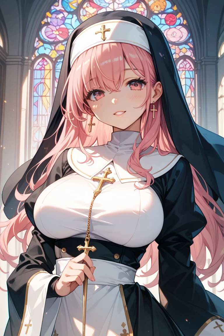 masterpiece,highest quality,(Super detailed),masterpiece,written boundary depth,perfect sentence, Detailed CG,Super detailed,(highly detailed eyes,very cute face,highly detailed face:1.3),beautiful anime girl,(solo girl:1.9),(super huge breasts:1.9),(pink hair,low twin tails:1.5),(light blue eyes:1.3),(smile full of joy:1.3),open your mouth,show viewer,break,(nun,cassock costume:1.5),church,Stained glass,holy light,join hands,pray,