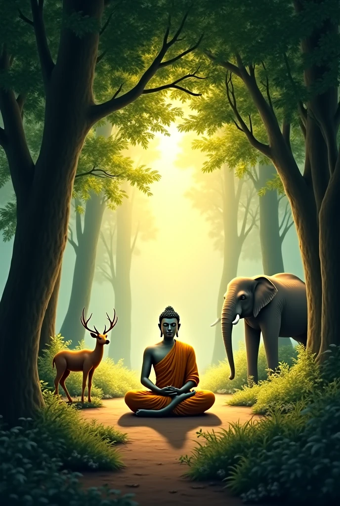 The Buddha and animals have as birth, dear , tiger , lion in forest
