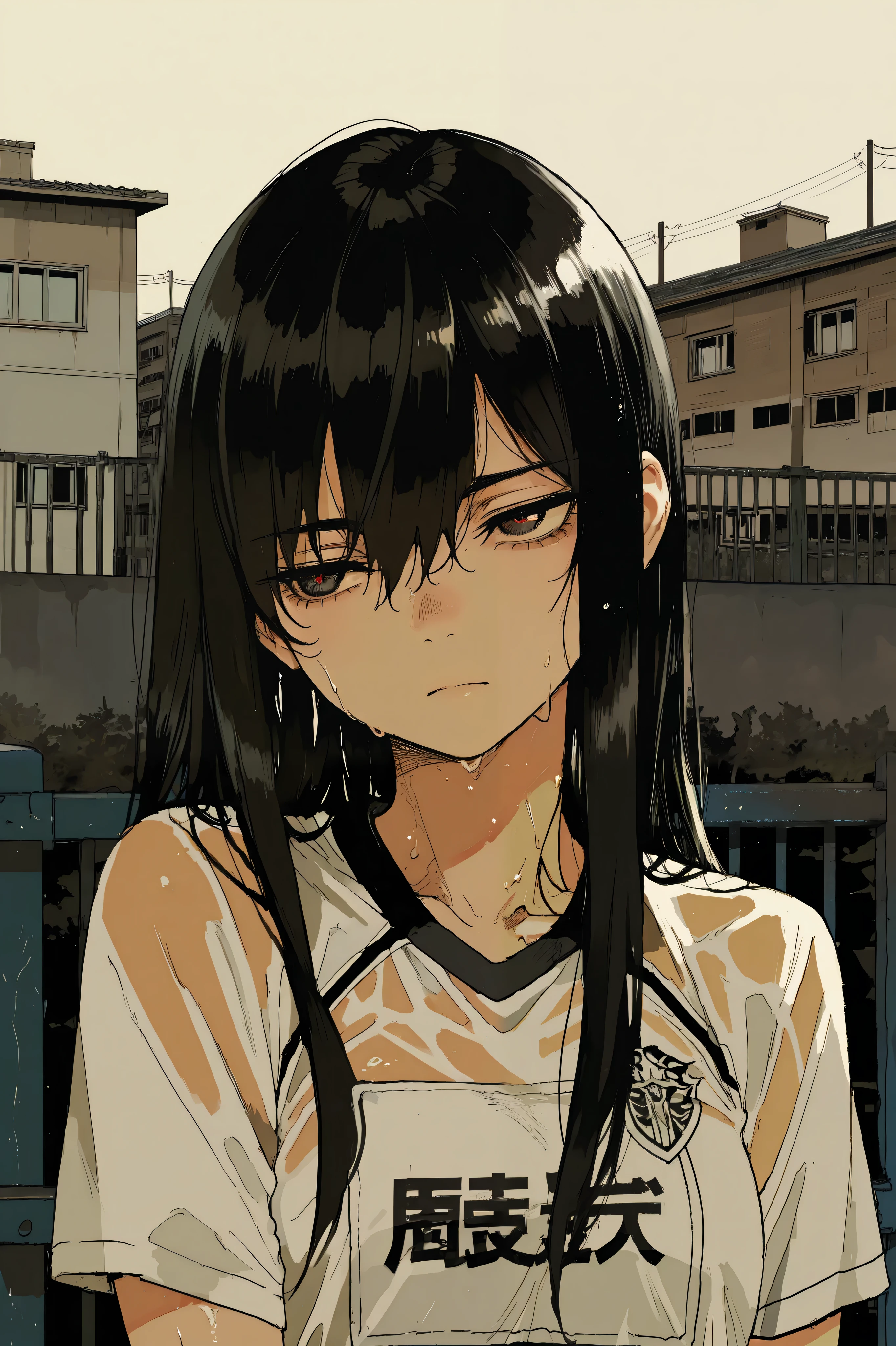 Girl with a serious melancholic expression from anime, long black hair, Anime style, sports uniform, portrait in the foreground, half body, front view looking ahead looking into the distance, Serious melancholic look cuero suave, Minimum fund, inner environment, faint environment , sharp focus on the face, digital illustration, Age girl , Serious melancholic look, Detailed, without deformations, wallpaper, rostro Detailed, sports uniform Detailed, sports uniform without deformations, cuerpo without deformations, cuerpo Detailed, serious melancholic eyes, without deformations Detaileds, modern buildings background, modern gym backgrounds, modern buildings detailed, gimnasios escolares modernos without deformations, gimnasios escolares modernos Detaileds, gimnasios escolares modernos without deformations, Semi-sweaty girl, ojos without deformations, ojos Detaileds, supported by a gym fence, detailed fence, cerca without deformations, Modern school gymnasiums background, without deformations,