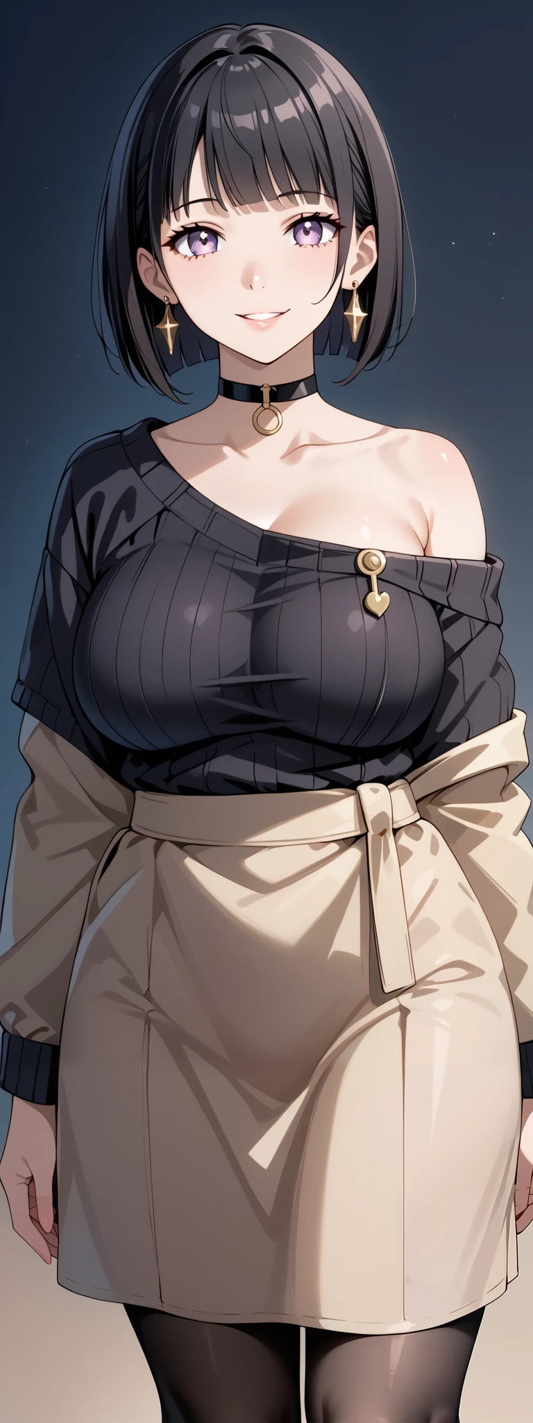 score_9, score_8_up, score_7_up, source_anime, 4K,perfect fingers,(perfect hands, perfect anatomy),prefect lighting, very aesthetic, intricate details,highly detailed background, masterpiece, high quality, best quality,
1girl, hinata_boru, bangs, short hair, black hair, huge breast,dense chest,
wearing ((pantyhose, choker, earrings, jewelry, sweater, collarbone, black_choker, off_shoulder, dress, bare_shoulders, black_pantyhose, )) ,,
gyaru, looking_at_viewer, smile, parted_lips, gradient, sleeves_past_wrists, gradient_background,
