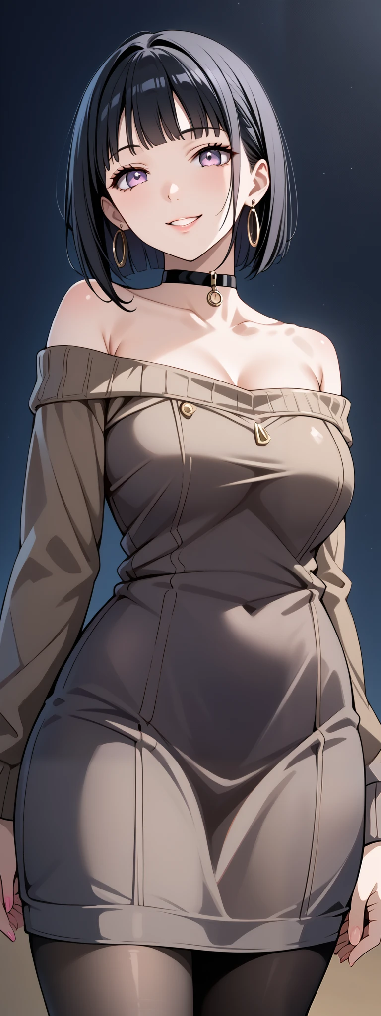score_9, score_8_up, score_7_up, source_anime, 4K,perfect fingers,(perfect hands, perfect anatomy),prefect lighting, very aesthetic, intricate details,highly detailed background, masterpiece, high quality, best quality,
1girl, hinata_boru, bangs, short hair, black hair, huge breast,dense chest,
wearing ((pantyhose, choker, earrings, jewelry, sweater, collarbone, black_choker, off_shoulder, dress, bare_shoulders, black_pantyhose, )) ,,
gyaru, looking_at_viewer, smile, parted_lips, gradient, sleeves_past_wrists, gradient_background,