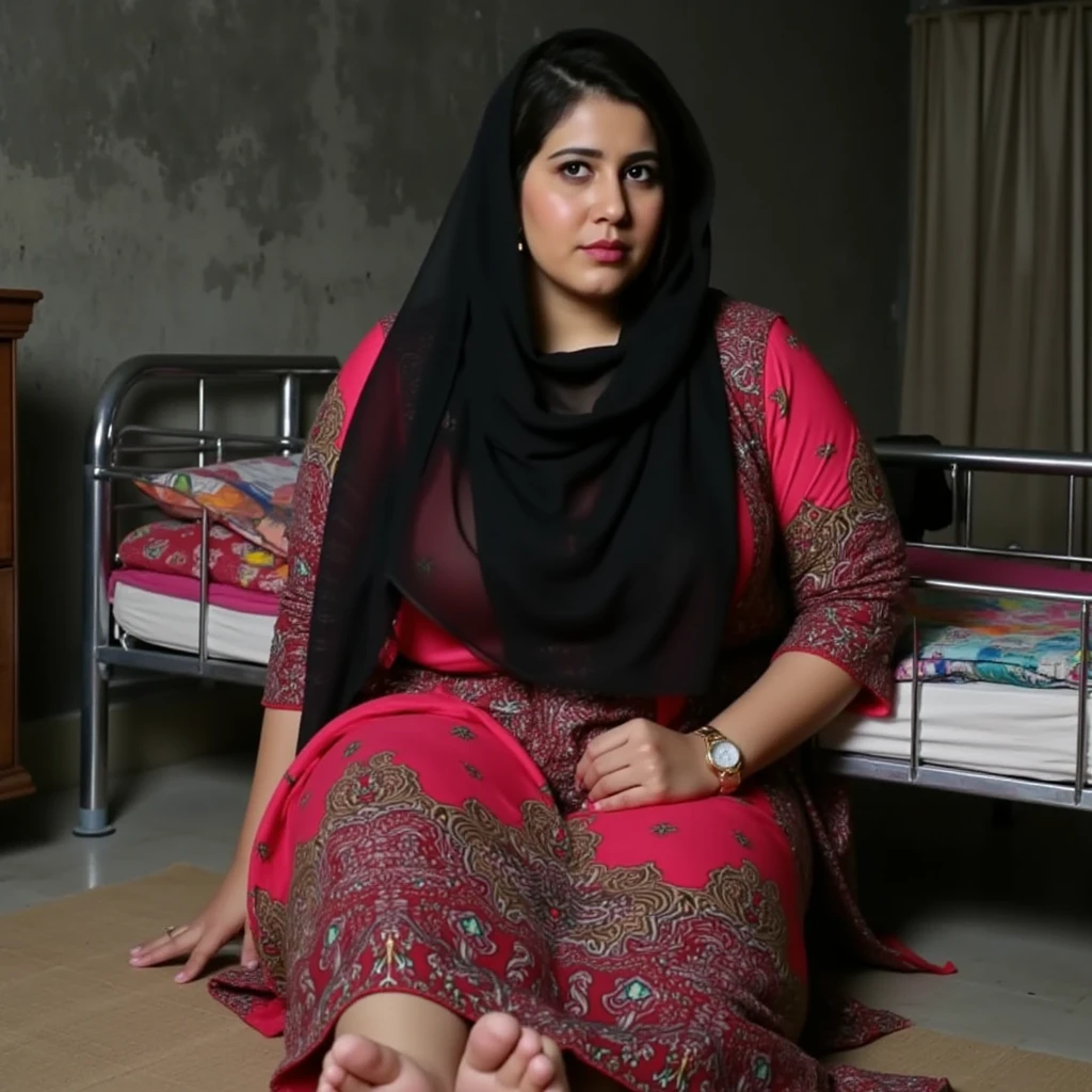 ((best quality)), ((masterpiece)), (detailed), perfect face, ((40 years old)),Malaysian girl, fat, mukenah, gamis, sit on sofa, home