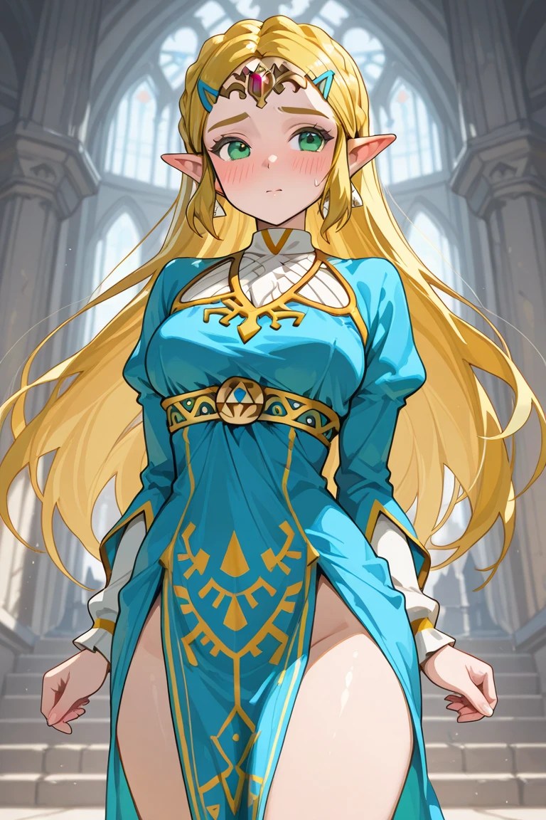 princess zelda, blonde very long hair, green eyes, wearing a sexy blue dress, side slit, ultrasharp, looking at the viewer, ((best quality)), ((masterpiece)), (detailed), perfect face, big breast, sexy body, sexy woman besides her, hugged, An anime scene of two girls hugging and kissing intensely, with hearts and sparkles floating around them as they stand in pool of water