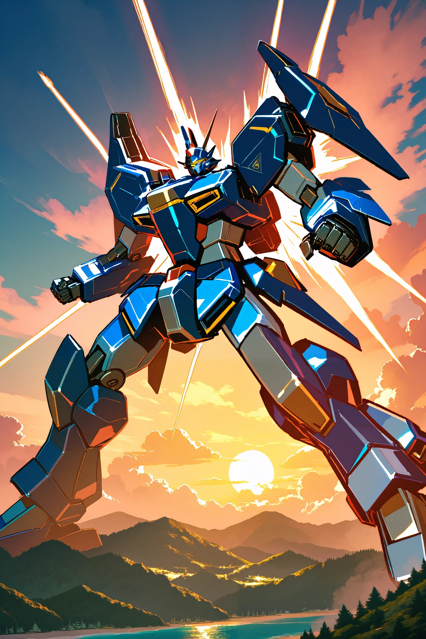 Giant mecha robot flying between the crumbling clouds and the sun on the horizon. detailed shapes with futuristic engineering and shiny metal colors. carrying huge laser weapons, 4k, 2D Anime Shirt, battle pose, large clouds, forest landscape and a beach on an island