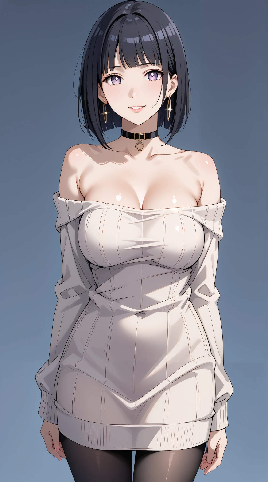 score_9, score_8_up, score_7_up, source_anime, 4K,perfect fingers,(perfect hands, perfect anatomy),prefect lighting, very aesthetic, intricate details,highly detailed background, masterpiece, high quality, best quality,
1girl, hinata_boru, bangs, short hair, black hair, huge breast,dense chest,
wearing ((pantyhose, choker, earrings, jewelry, sweater, collarbone, black_choker, off_shoulder, dress, bare_shoulders, black_pantyhose, )) ,,
gyaru, looking_at_viewer, smile, parted_lips, gradient, sleeves_past_wrists, gradient_background,