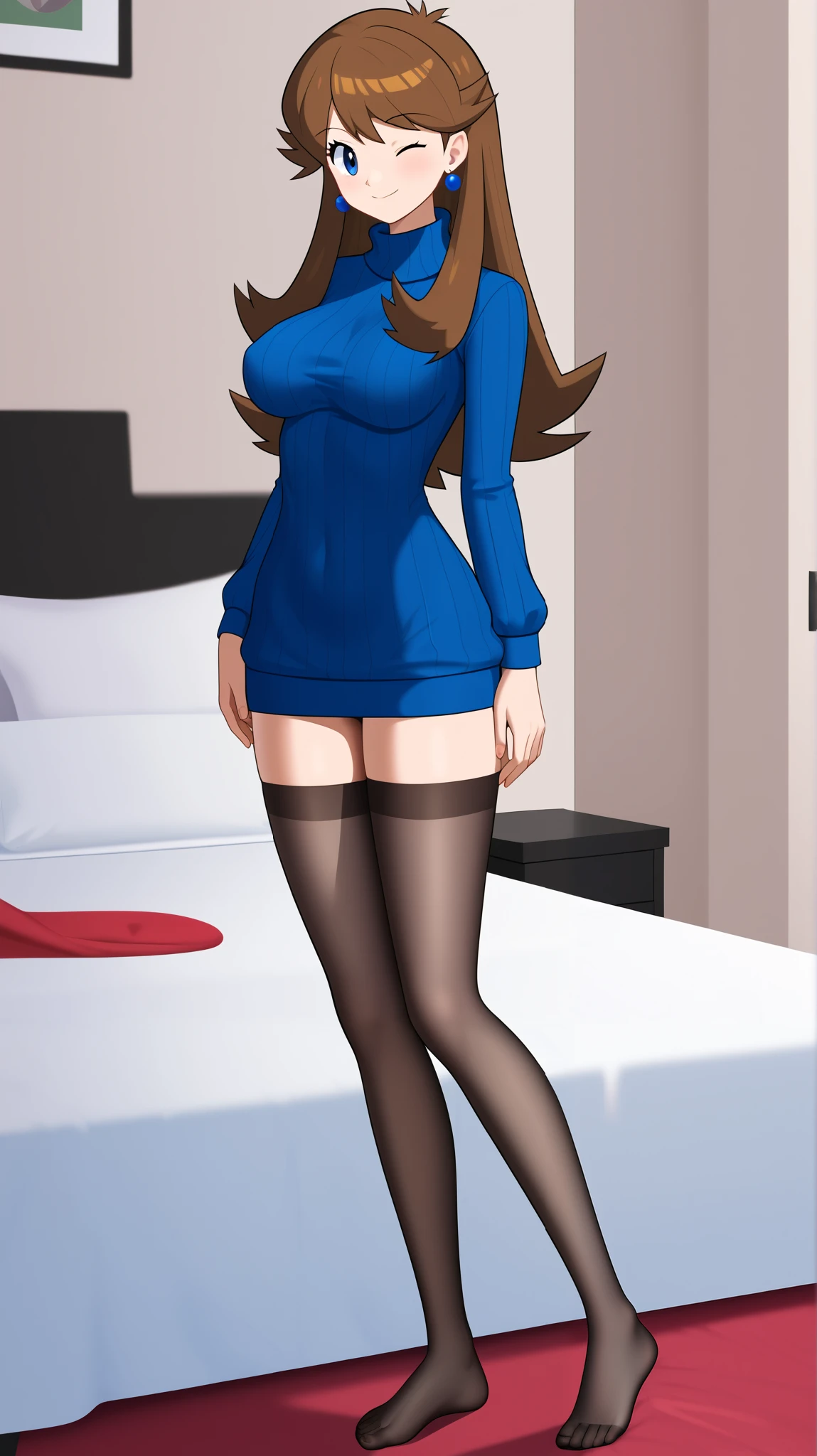 ((best quality)), ((masterpiece)), ((details)), 1girl , Two legs, two arms, orange brown hair color, long hair, blue eyes, Big Breasts, long sleeve vertical stripe sweater, black knee-high stockings, absolute region with to, thighs, blue earrings, sexy smile, seductive smile, viewers, wink, closes one eye, standing, cross your arms, tall, ANIME COLORING BOOK, 1 Female, Age 18, Three idiot hairs , bangs, full body, slim figure, bedroom, bed, (\Pokémon\), score_9, score_8_excellent, score_7_excellent, score_6_excellent, source_anime, cell shading, flat color, vector,