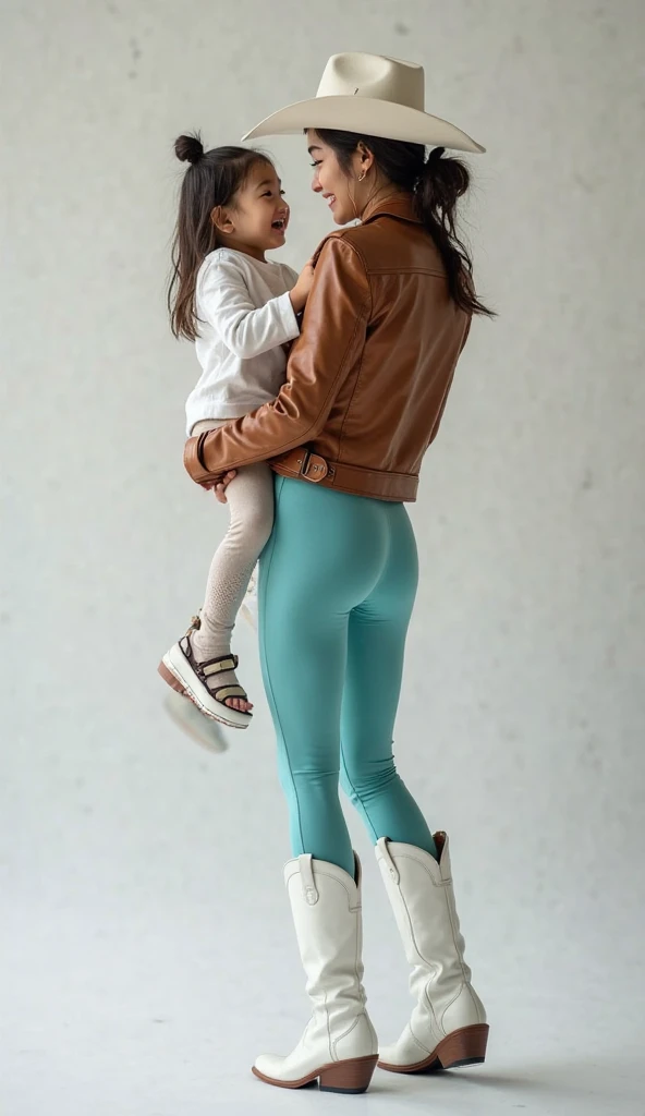 A mother with her 10 year old daughter, wearing leggins, spread her legs. 